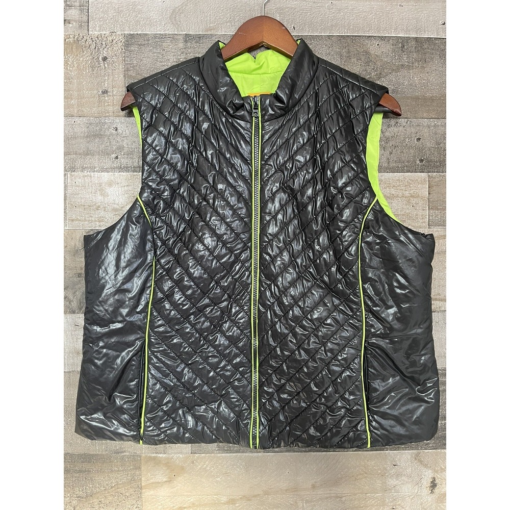 RUBY RD Women's Size XL Polyester Quilted Puffy Vest Black Shiny & Neon Green